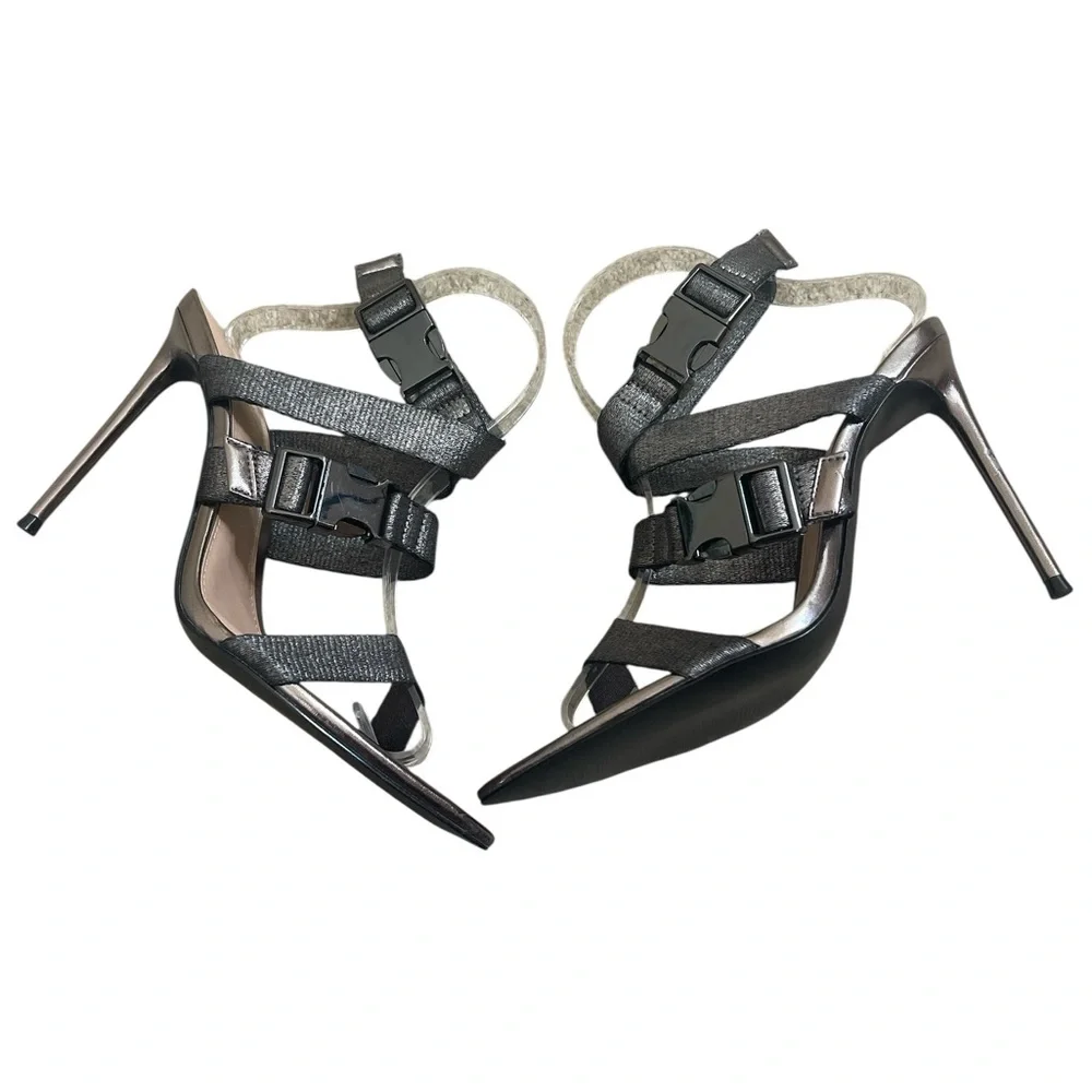 Street Style Chic Winnie Harlow x Steve Madden Edgy Gun Metal Strappy Heels